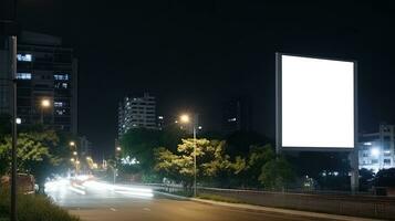 Advertising mock up blank billboard at night time with street light with copy space for public information board billboard blank for outdoor advertising poster photo