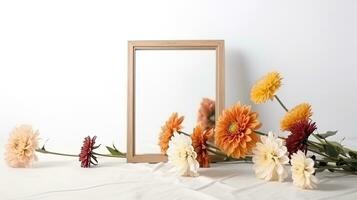 Mockup of picture frame decorated with spring flowers clean space for text on white background photo