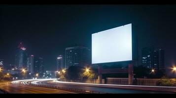 Advertising mock up blank billboard at night time with street light with copy space for public information board billboard blank for outdoor advertising poster photo