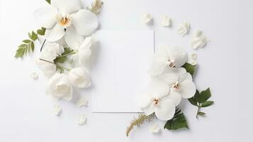 Top view blank card with flowers Abstract organic flowers Blooming floral on white background photo