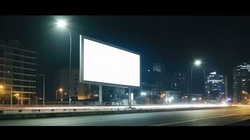 Advertising mock up blank billboard at night time with street light with copy space for public information board billboard blank for outdoor advertising poster photo