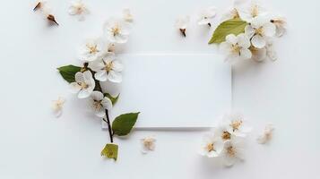 Top view blank card with flowers Abstract organic flowers Blooming floral on white background photo