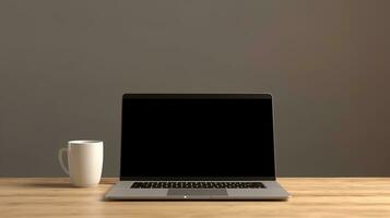 Laptop with blank screen on table workspace laptop showing blank screen background photo