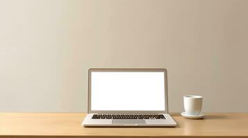 Laptop with blank screen on table workspace laptop showing blank screen background photo