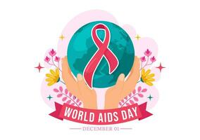 World Aids Day Vector Illustration on 1 december with Red Ribbon to raise awareness of the AIDS epidemic in Flat Cartoon Pink Background Design