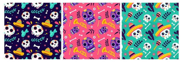 Set of Dia de Muertos Seamless Pattern Illustration with Day of the Dead and Skeleton Element in Mexican Design vector