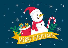 alegre Navidad vector ilustración con Papa Noel noel, chuchería pelota, regalo caja, sorpresa regalos, arboles y nieve antecedentes en plano dibujos animados diseño