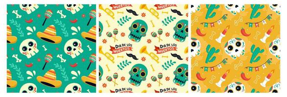 Set of Dia de Muertos Seamless Pattern Illustration with Day of the Dead and Skeleton Element in Mexican Design vector