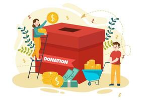 Fundraising Charity and Donation Vector Illustration with Volunteers Putting Coins or Money in Donation Box in Financial Support Cartoon Background