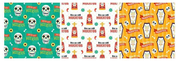 Set of Dia de Muertos Seamless Pattern Illustration with Day of the Dead and Skeleton Element in Mexican Design vector