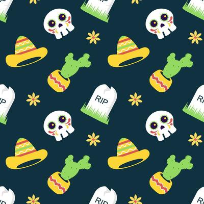 Dia de Muertos Seamless Pattern Illustration with Day of the Dead and Skeleton Element in Mexican Design