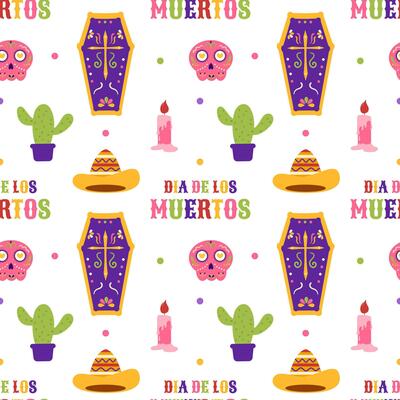 Dia de Muertos Seamless Pattern Illustration with Day of the Dead and Skeleton Element in Mexican Design