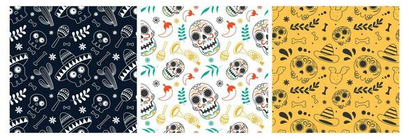 Set of Dia de Muertos Seamless Pattern Illustration with Day of the Dead and Skeleton Element in Mexican Design vector