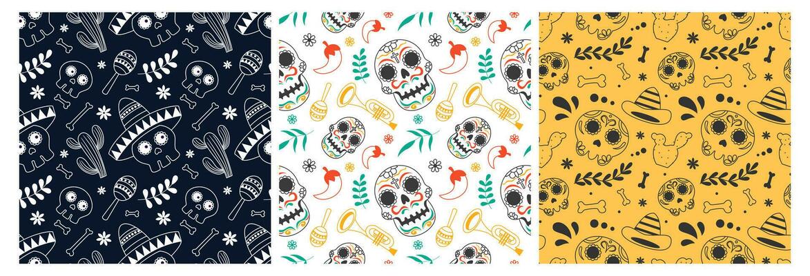 Set of Dia de Muertos Seamless Pattern Illustration with Day of the Dead and Skeleton Element in Mexican Design