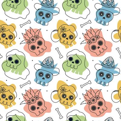 Dia de Muertos Seamless Pattern Illustration with Day of the Dead and Skeleton Element in Mexican Design
