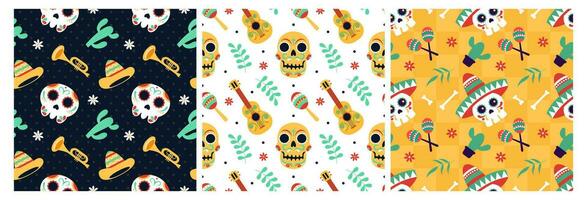 Set of Dia de Muertos Seamless Pattern Illustration with Day of the Dead and Skeleton Element in Mexican Design vector