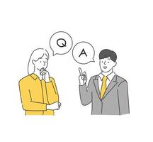 Business man and woman with QA bubble. Question and Answer. Q and A. QA sign vector