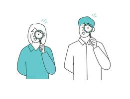 Man and woman holding a magnifying glass. Research concept, find idea for business vector