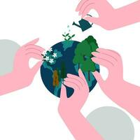 People hand plant trees on the earth. Protect green planet concept vector