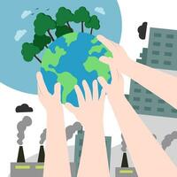 Hands protecting globe of green tree, Ecology and Environment concept vector