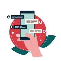 Closeup hand holding smart phone with social network mock up speech bubbles vector