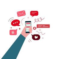 Hand holding the phone, with email, message symbols on the virtual screen vector