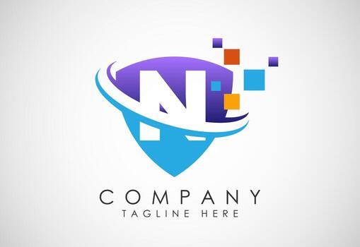 English alphabet N with shield, swoosh and data pixel. Creative technological modern logo design vector