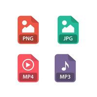 File format collection. PNG, JPG, MP3, MP4. File formats icon vector