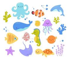 conjunto de linda dibujos animados mar animales aislado en blanco antecedentes. vector ballena, pez, pulpo y Tortuga ilustraciones para niños. plano infantil clipart