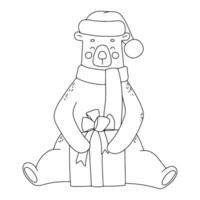 Cute bear in hat, scarf with gift. Funny outline illustration for coloring book vector