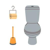 Toilet, brush, paper for bathroom and interior design. Flat vector illustration.