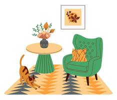 Stylish living room interior with trendy furniture. Flat vector illustration.