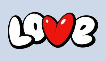 Love lettering with red heart in graffiti style with black outline isolated on white background. vector