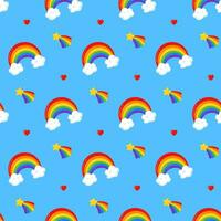 Seamless pattern with colorful rainbow over white clouds, falling star and heart on blue background vector