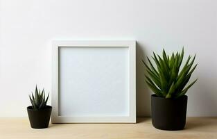 Create a mockup of a black square frame with home decor and potted plants. The shelf and the wall are both white. Copy space. AI Generative photo