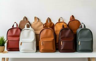 mochilas y cuadernos en un de madera estante en contra un blanco pared bandera antecedentes. el concepto de volviendo a escuela. hacer un Copiar de el espacio. ai generativo foto