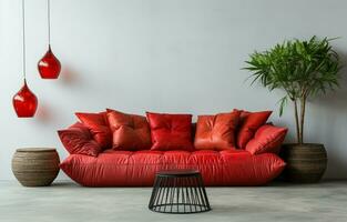 A studio photo of modern furniture with red pillows.