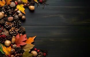 Colorful fall leaves, nuts and pine cones. Corner border over a rustic dark background. Copy space. AI Generative photo