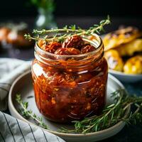 Sun Dried Tomato Preserving in a Glass Jar with Thyme and Garlic. AI Generative photo