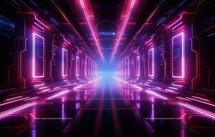 Abstract futuristic technological background with network, huge data, server, internet, and speed lines. into a tunnel of modern technology, abstract neon lights. AI Generative photo