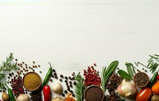 Border of herbs and spices on a white background. free space. photo