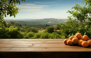 Orange trees on an empty wooden table against an orange field background. Ideal for product displays. AI Generative photo