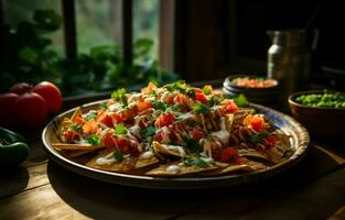 The warm, gooey cheese and tangy tomato sauce are the perfect combination. I love having snacks while I work, and these nachos hit the spot. AI Generative photo