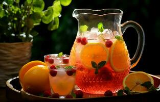 Orange, lime, and champagne fruit punch on ice Fruit Punch in carafe. AI Generative photo