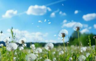 en contra un vibrante azul cielo con mullido blanco nubes, un campo de diente de león soportes alto. ai generativo foto