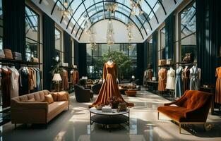 The interior of a new clothing store is luxurious and stylish. photo