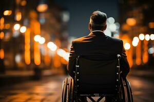 joven minusválido hombre en silla de ruedas en el calle noche, disfrutando un caminar al aire libre, ai generativo. foto