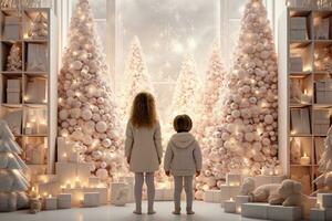 niños convertido espalda en pie en un iluminado monocolor blanco Navidad decorado habitación con Navidad árbol y regalos, regalos cajas, ai generativo. foto