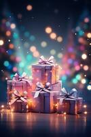 iluminado Navidad regalo cajas en invierno nieve, al aire libre fondo, alegre Navidad y contento nuevo año foto