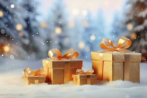 Illuminated christmas gift boxes on winter snow, outdoor background, Merry Christmas and Happy New Year photo